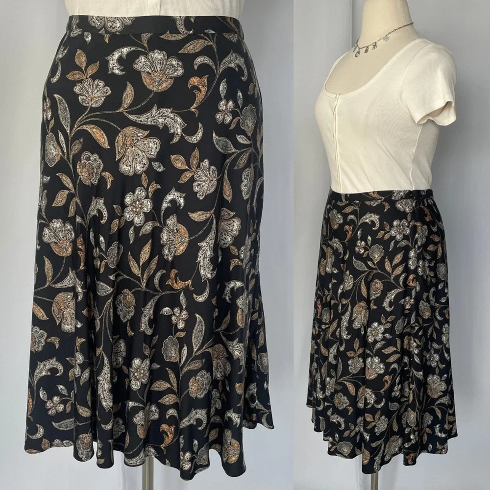 J Jill A Line Skirt Size Large Black Tan Floral Minimal Long Midi Boho Spring